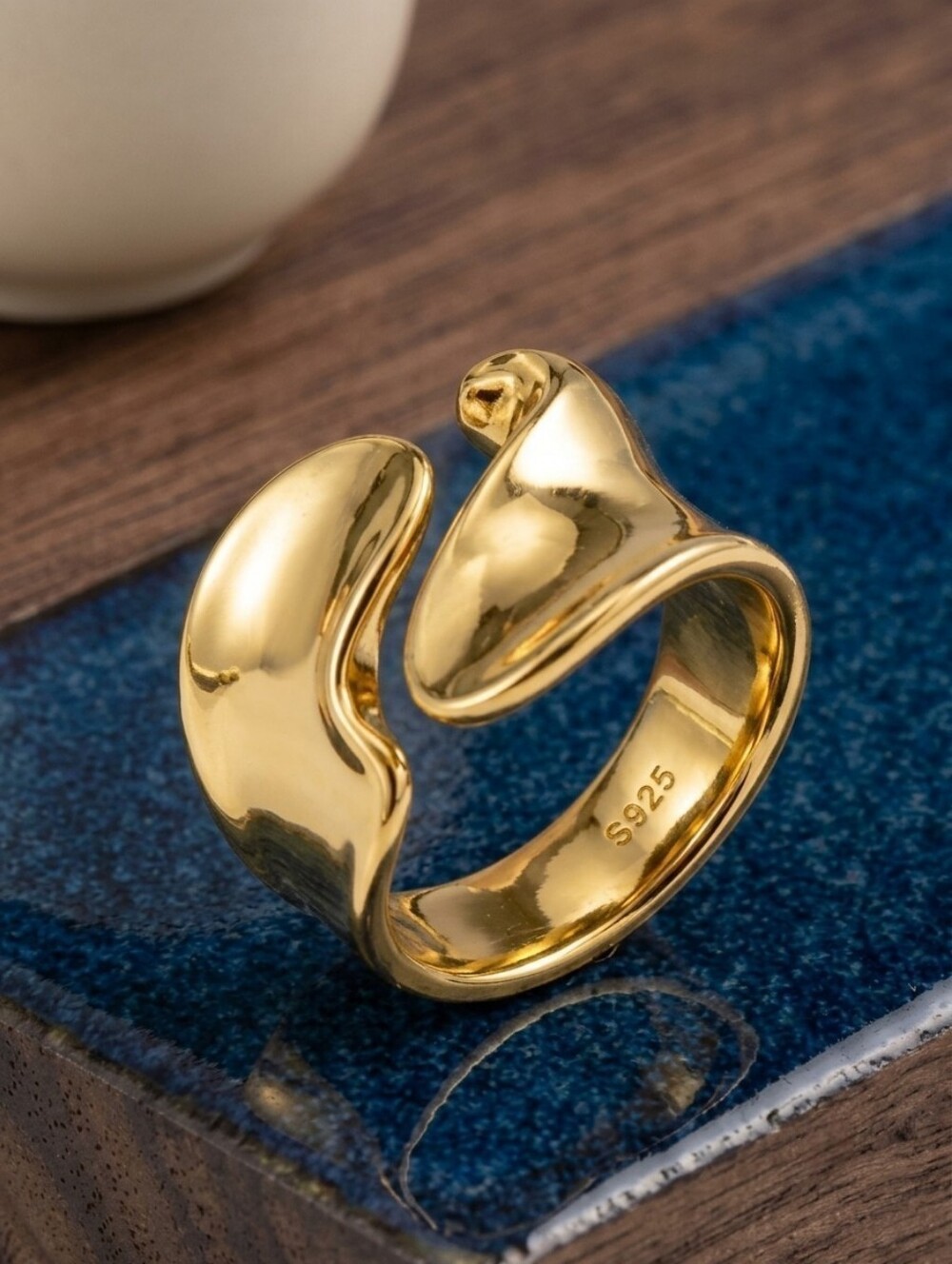 S925 Sterling Silver Sculptural Wave Chunky Open Ring 18K Gold Plated 7-8